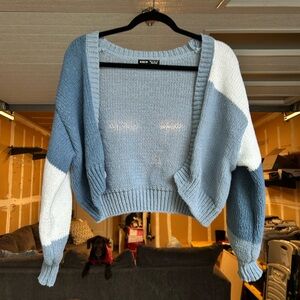 SHEIN Blue and White V-Neck Sweater